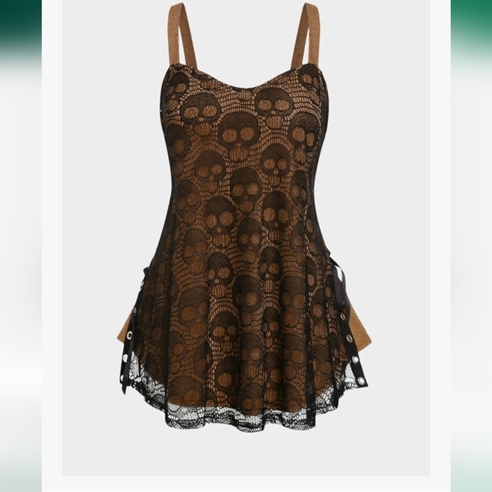 ROSE GAL Womens Plus Size Gothic Skull Lace Overlay Sleeveless Strap Tank Top